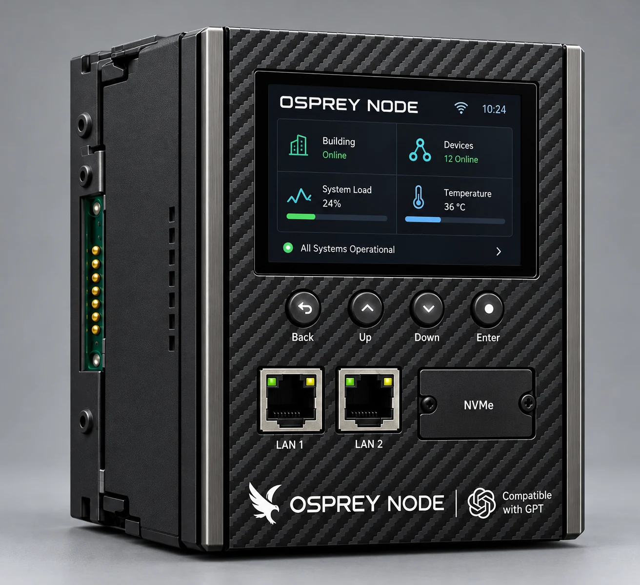 Osprey Node controller concept with a front display and connection ports